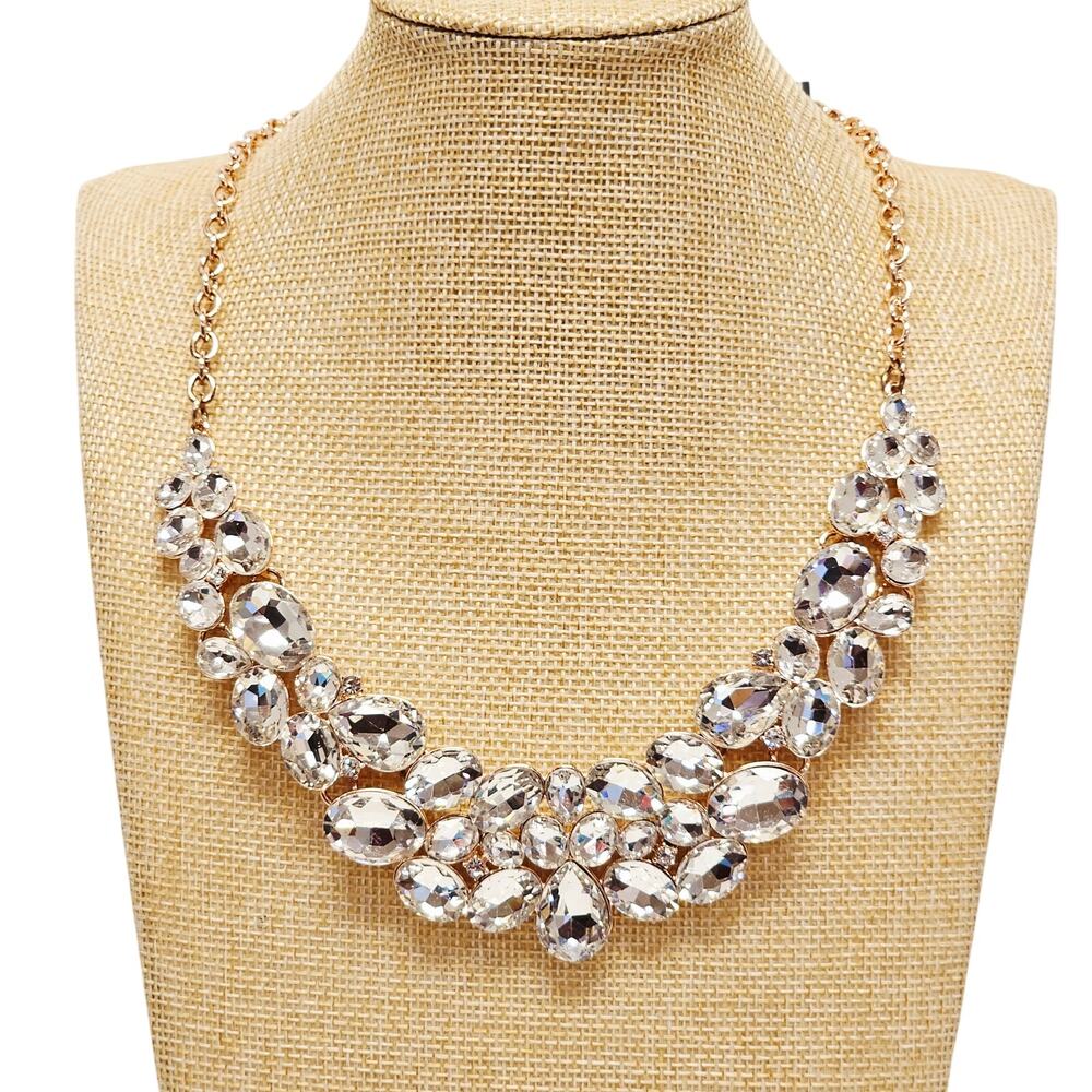 Gold Tone Rhinestone Statement Necklace Earrings Set 20in Clear Crystal Sparkle
